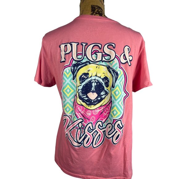 Women's Graphic Tee Sz L Pugs & Kisses Pink Benny & Belle Pug Dog Print - Picture 2 of 5